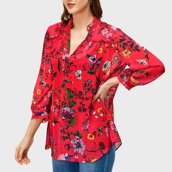 eshakti Tops - Stunning eShakti red floral tunic blouse XL 14/16